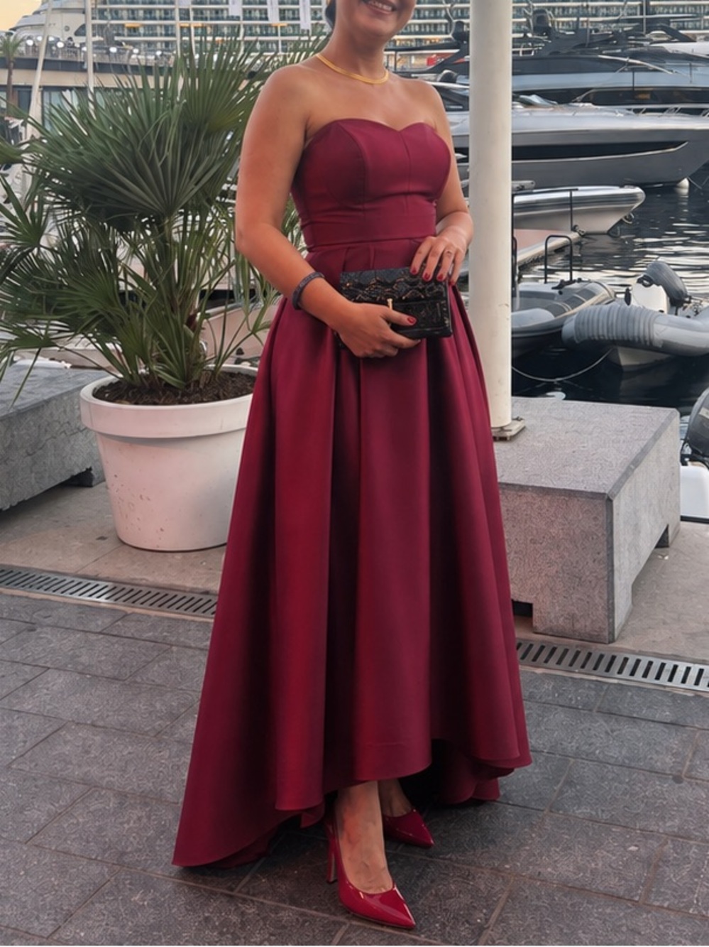 ALFRED SUNG Strapless Burgundy High-Low Evening Gown